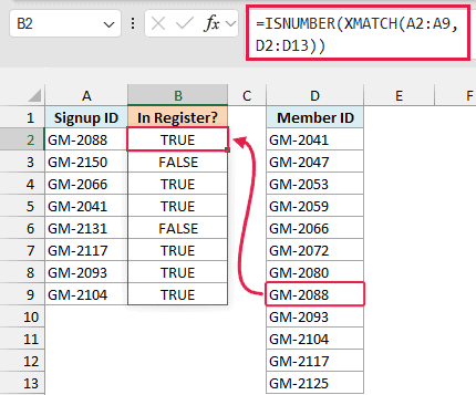 ISNUMBER and XMATCH formula returning TRUE or FALSE for signup IDs checked against the member register