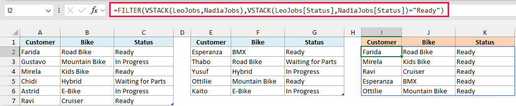 FILTER checks the combined VSTACK result and returns five bikes with status Ready