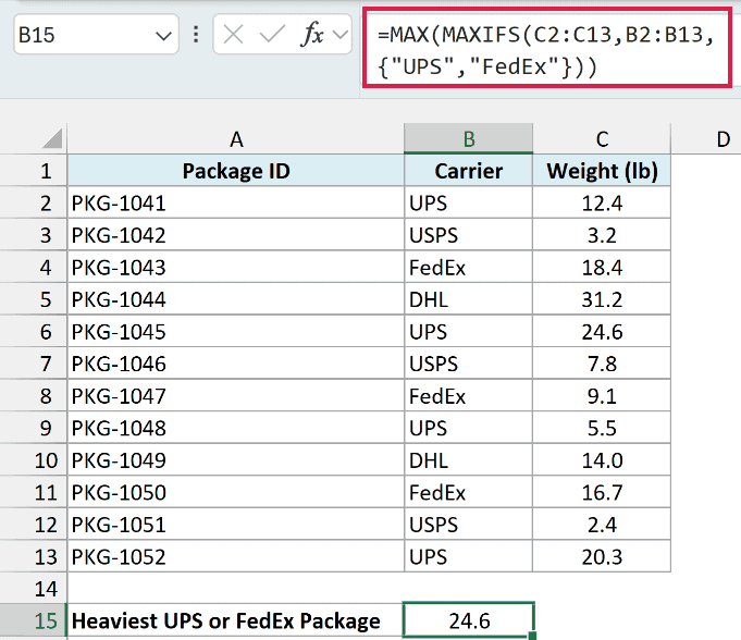 MAX wrapped around MAXIFS with an array constant returns 24.6 as the heaviest UPS or FedEx package