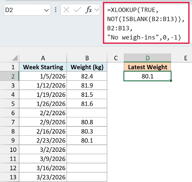 XLOOKUP with NOT and ISBLANK returning the latest weight of 80.1