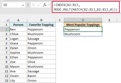 INDEX, MODE.MULT, and MATCH return Pepperoni and Mushroom, the two tied most popular toppings