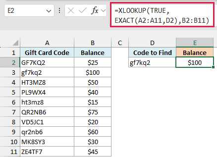 XLOOKUP with EXACT returns $100, the balance of gf7kq2, not the $25 of GF7KQ2