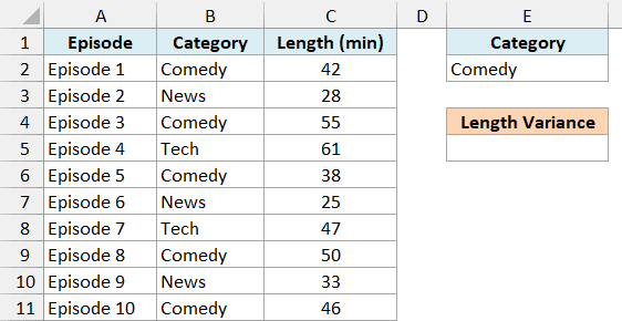 Podcast episodes with Comedy typed in E2 and an empty Length Variance cell