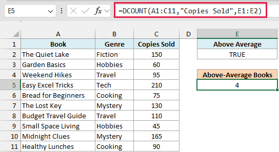DCOUNT with a formula criteria returning 4 books that sold above average