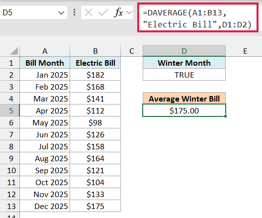 DAVERAGE formula using formula criteria returning the $175.00 average winter bill