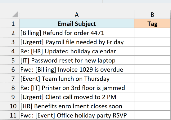 Email subject lines with a tag in square brackets, some starting with Re: or Fwd:, next to an empty Tag column
