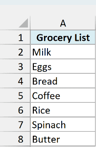 Grocery list in A2:A8 before applying the custom number format