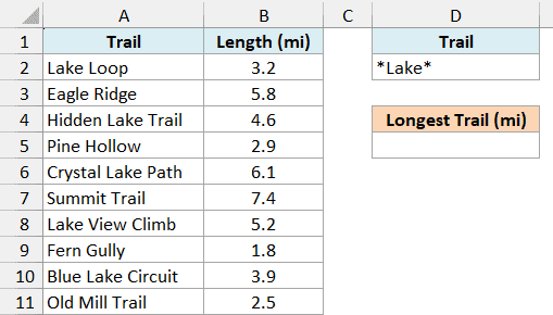 Excel table showing trail names and lengths, with a wildcard criteria *Lake* used to find the longest matching trail