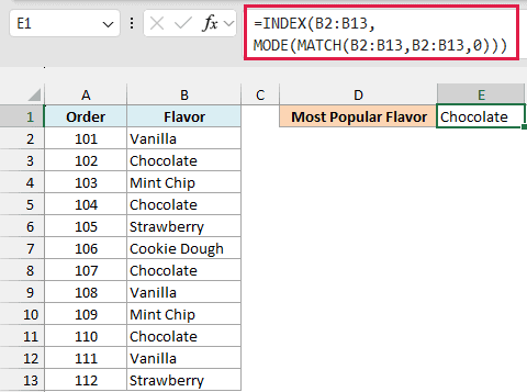 INDEX, MATCH, and MODE together return Chocolate as the most popular flavor