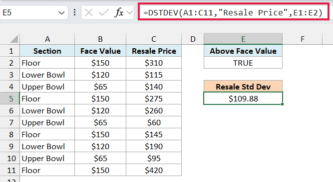DSTDEV formula with a formula criterion returning $109.88 for tickets resold above face value