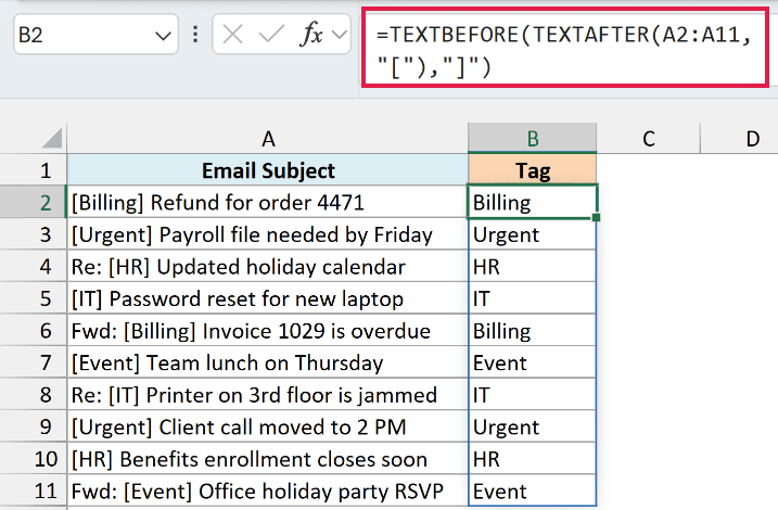TEXTBEFORE wrapped around TEXTAFTER returns the tag between the square brackets