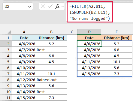 FILTER and ISNUMBER formula returning only the six days with numeric running distances