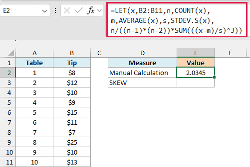 Manual LET skewness formula in E2 returns 2.0345