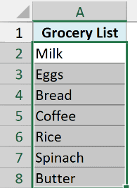 Grocery list cells A2:A8 selected