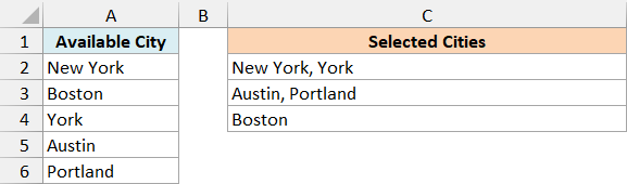 Cells C2, C3, and C4 contain independent selections from the same city list.