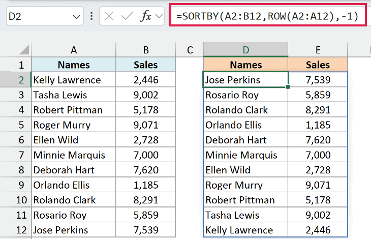 SORTBY formula in D2 returning the reversed table in D2:E12