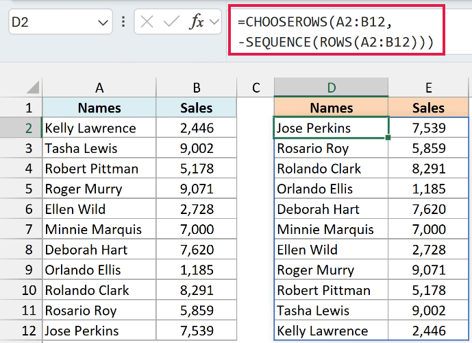 CHOOSEROWS formula in D2 returning the same reversed table