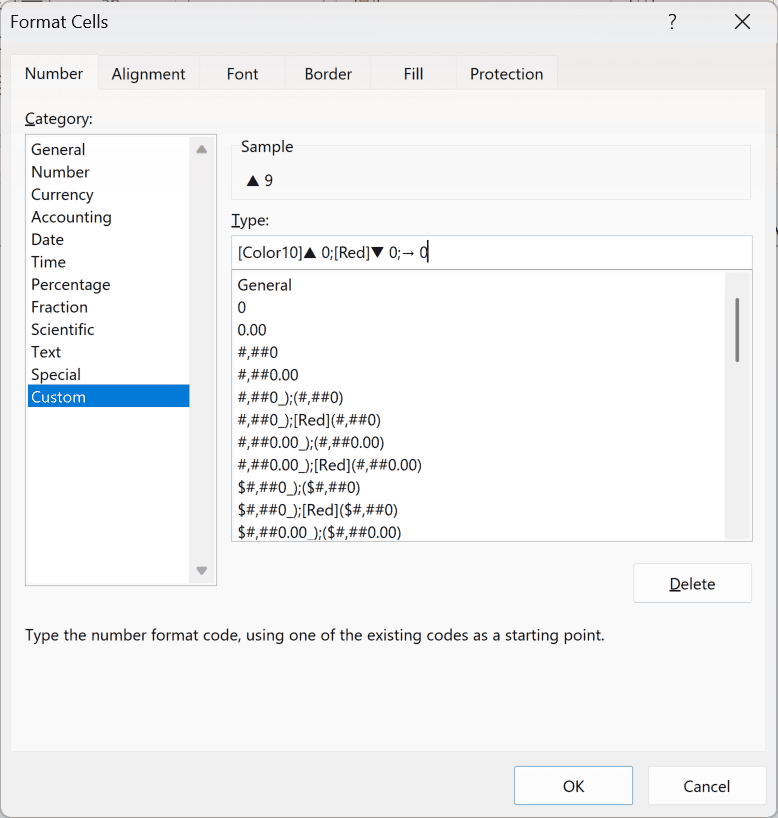 Format Cells dialog box with the custom arrow number format entered in the Type field