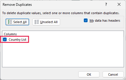 Remove Duplicates dialog box with My data has headers checked and the Country List column selected