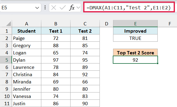 Excel formula bar showing DMAX function comparing Test 1 and Test 2 scores to find the highest score for improved students