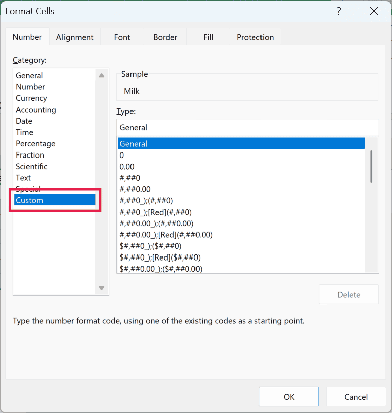Custom category selected in the Number tab of the Format Cells dialog box
