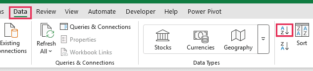Sort A to Z button in the Sort & Filter group on the Data tab