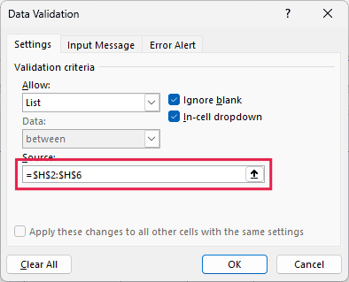 Data Validation dialog box with the static list =$H$2:$H$6 as the source