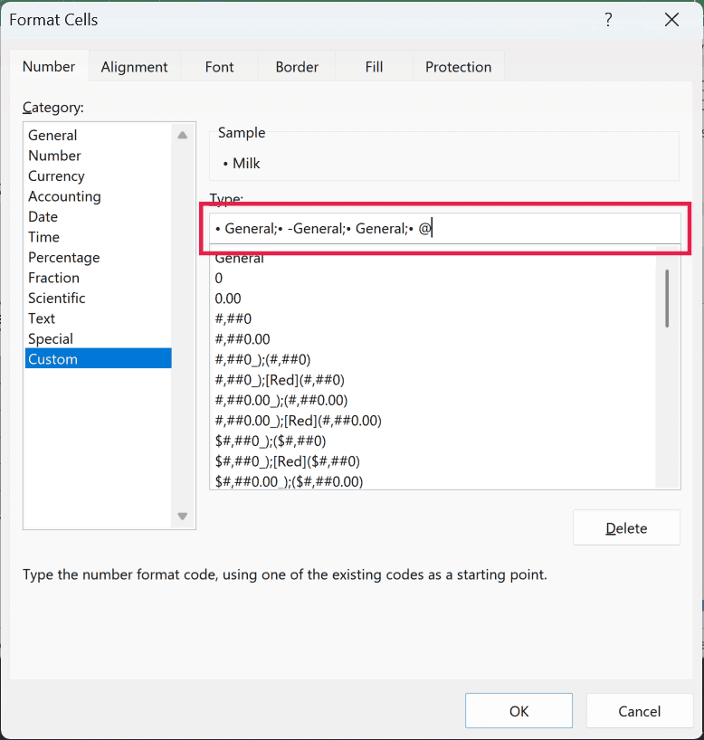 Bullet custom number format entered in the Type field