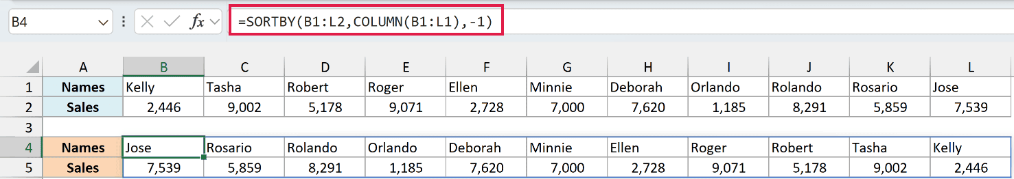 SORTBY formula in B4 flipping the row left to right into B4:L5