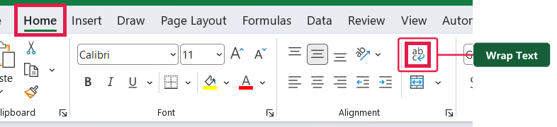 Wrap Text on the Home tab of the Excel ribbon.
