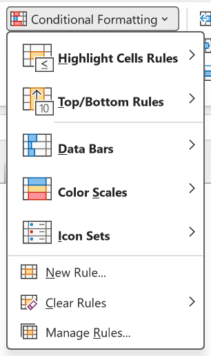 Conditional Formatting drop-down open on the Home tab