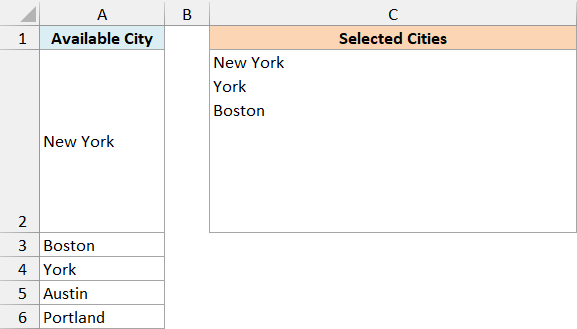 The increased row height makes all selected cities visible in C2.