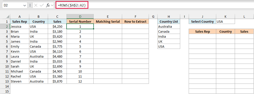 ROWS formula in D2 copied down to number the records 1 to 12