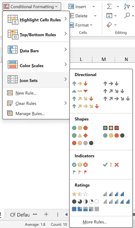 Icon Sets option in the Conditional Formatting menu showing the available icon sets