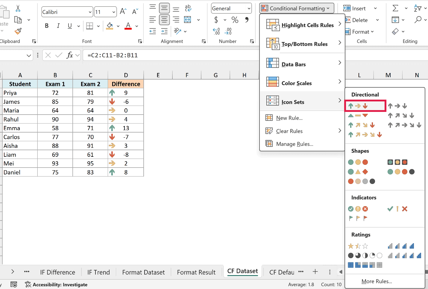 3 Arrows (Colored) icon set selected with a live preview on the difference column