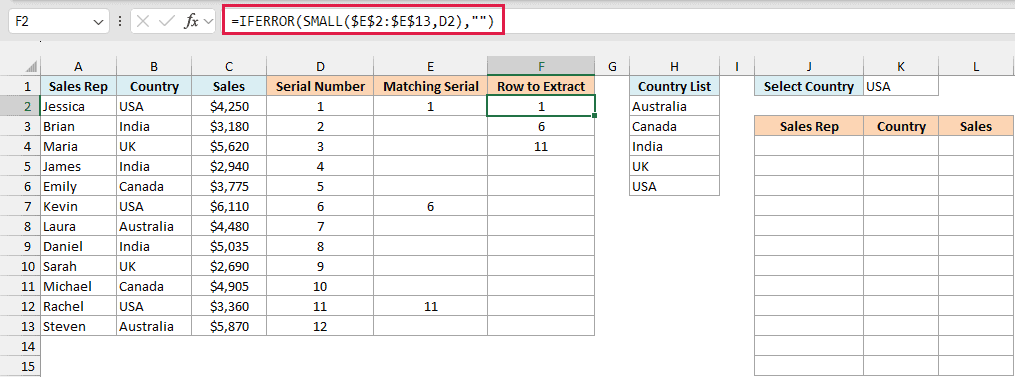 IFERROR and SMALL formula in F2 stacking 1, 6 and 11 at the top of column F
