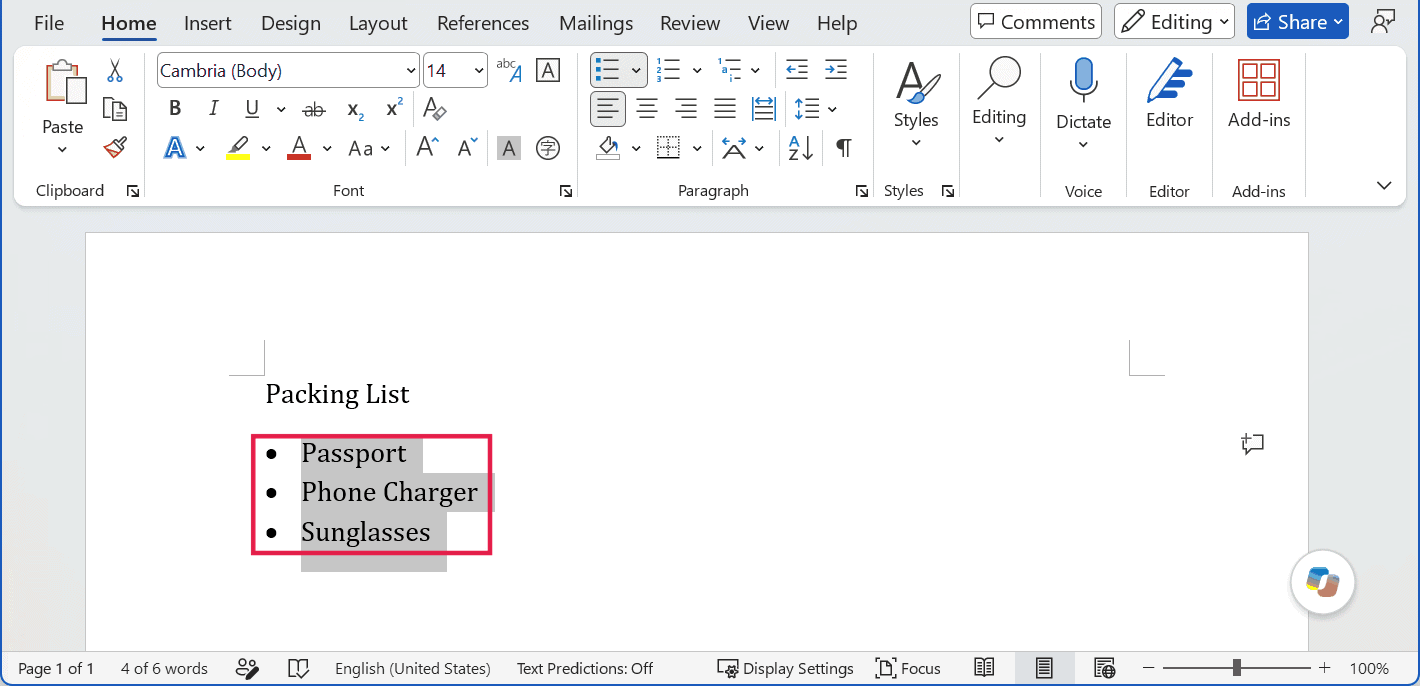 Bulleted list selected in Microsoft Word