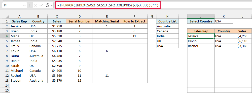 INDEX formula in J4 extracting the three USA records into J4:L6