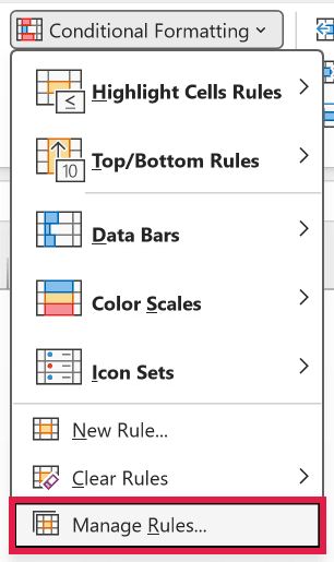 Manage Rules option in the Conditional Formatting menu