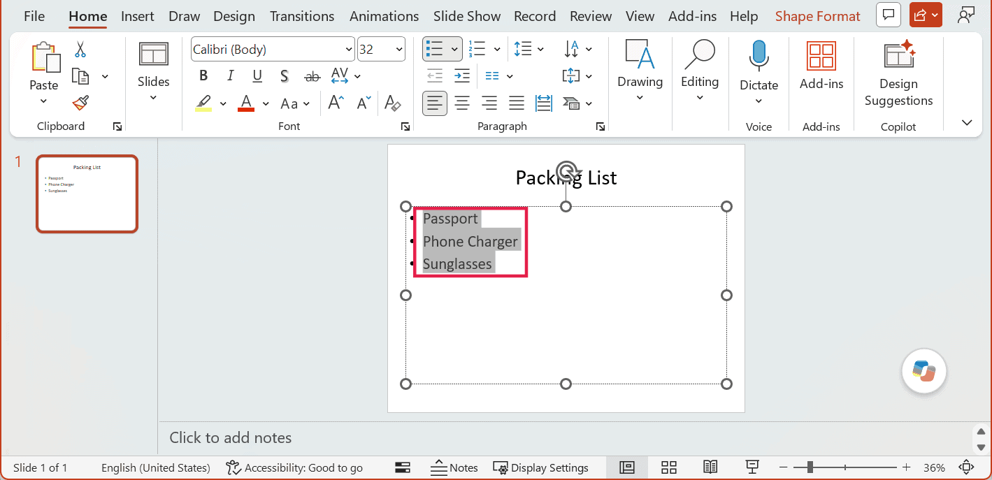 Bulleted list selected in PowerPoint