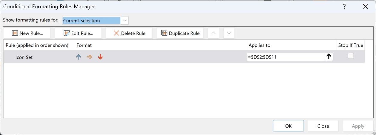 Conditional Formatting Rules Manager showing the icon set rule applied to D2:D11