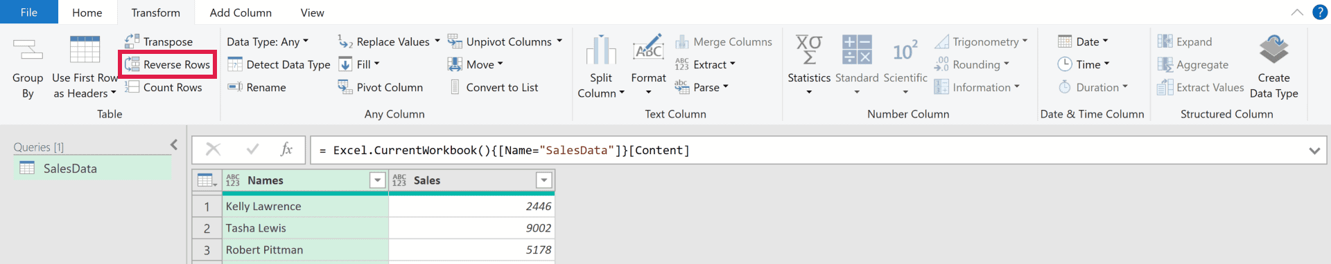 Reverse Rows option on the Transform tab in the Power Query Editor