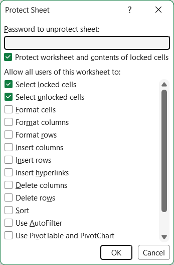 The Protect Sheet dialog with selection of unlocked cells allowed.