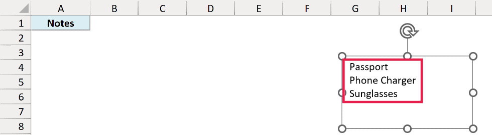 Three items typed in a text box on the worksheet