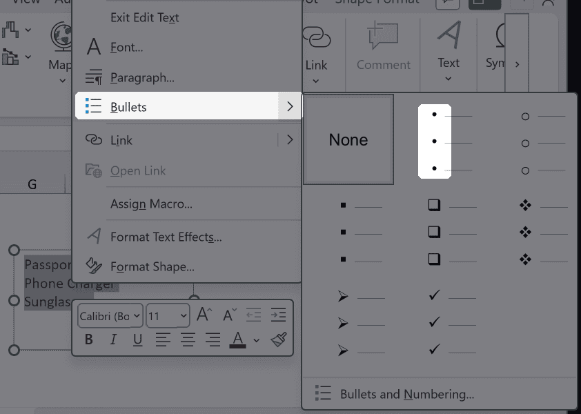 Bullets option in the right-click menu for text in a text box