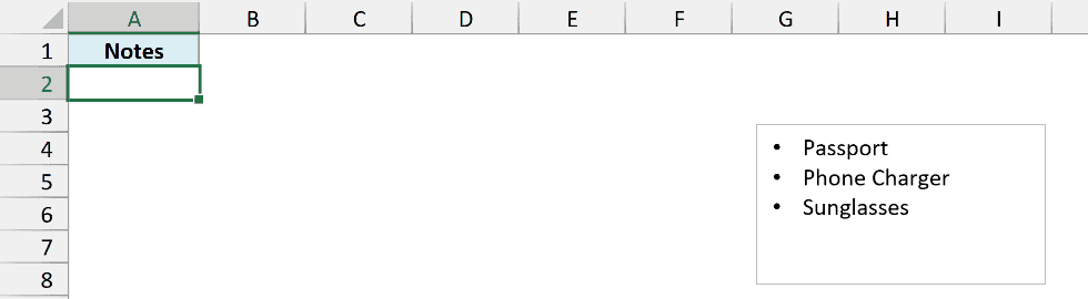 Text box showing the items as a bulleted list