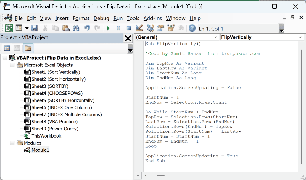 FlipVertically macro pasted in the module code window