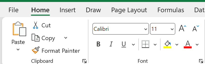 The Home tab in the Excel ribbon