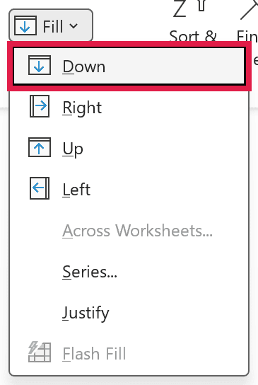 The Down option in the Fill drop-down