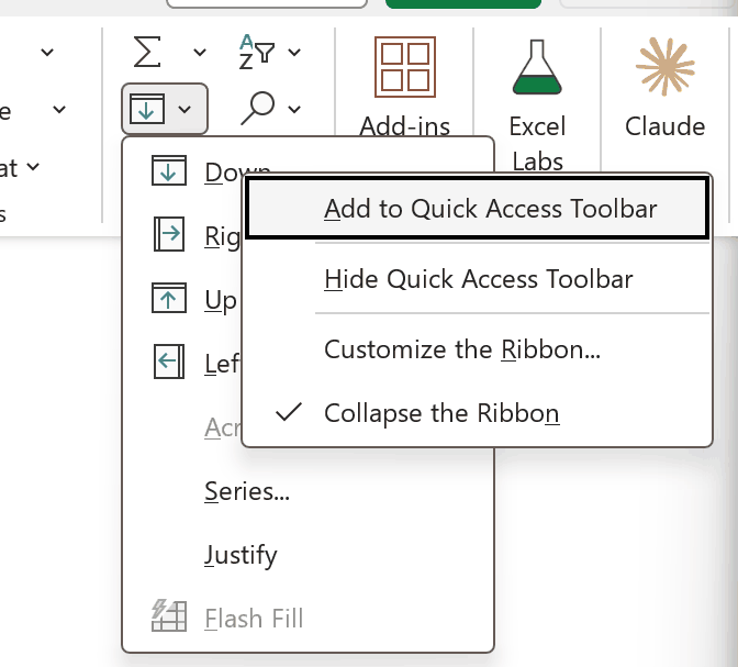 Right-click menu on the Down option with Add to Quick Access Toolbar